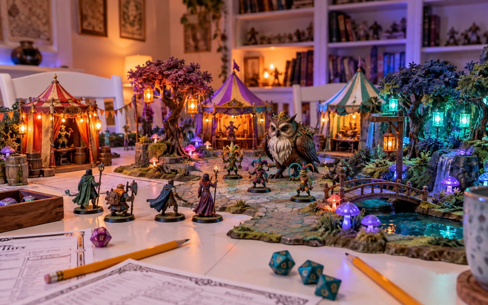 A real tabletop setup with colourful carnival tents, fey terrain and family-friendly miniatures