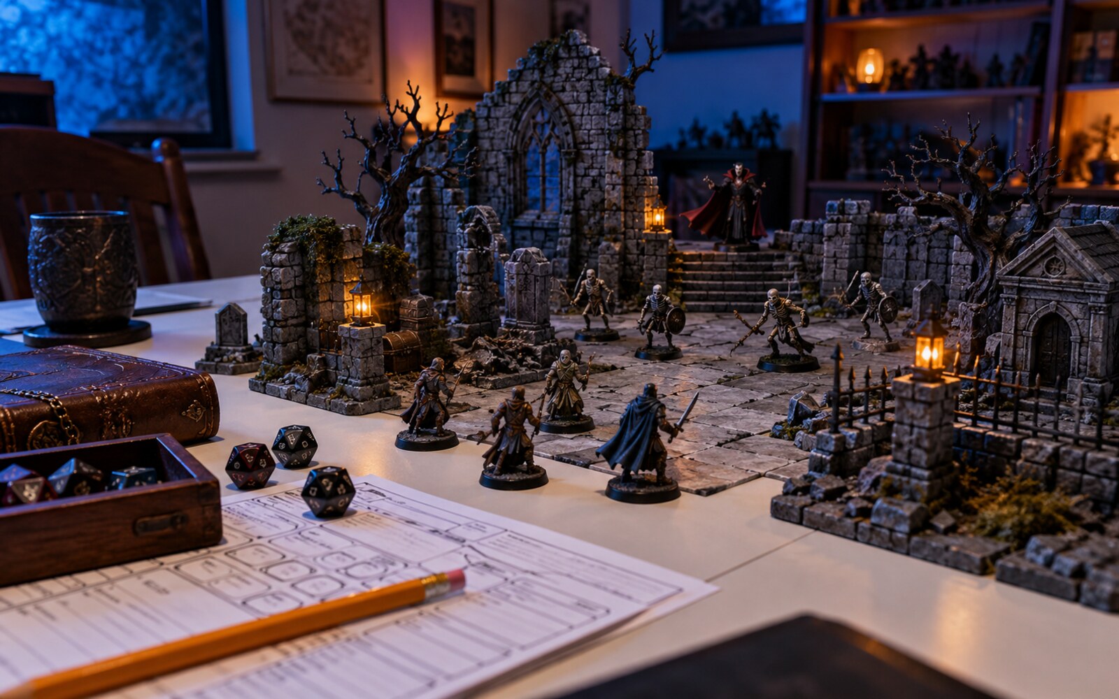 A real tabletop setup with adventurer miniatures confronting undead among illuminated modular ruins